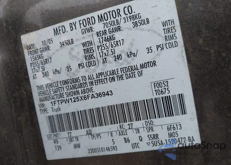 2006 Ford F150 Supercrew z USA, uszkodzony, nr VIN 1FTPW125X6FA36943